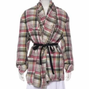 Isabel Marant Milroy Linen & Wool Plaid Embellished Tie Waist Coat FR36 US4
